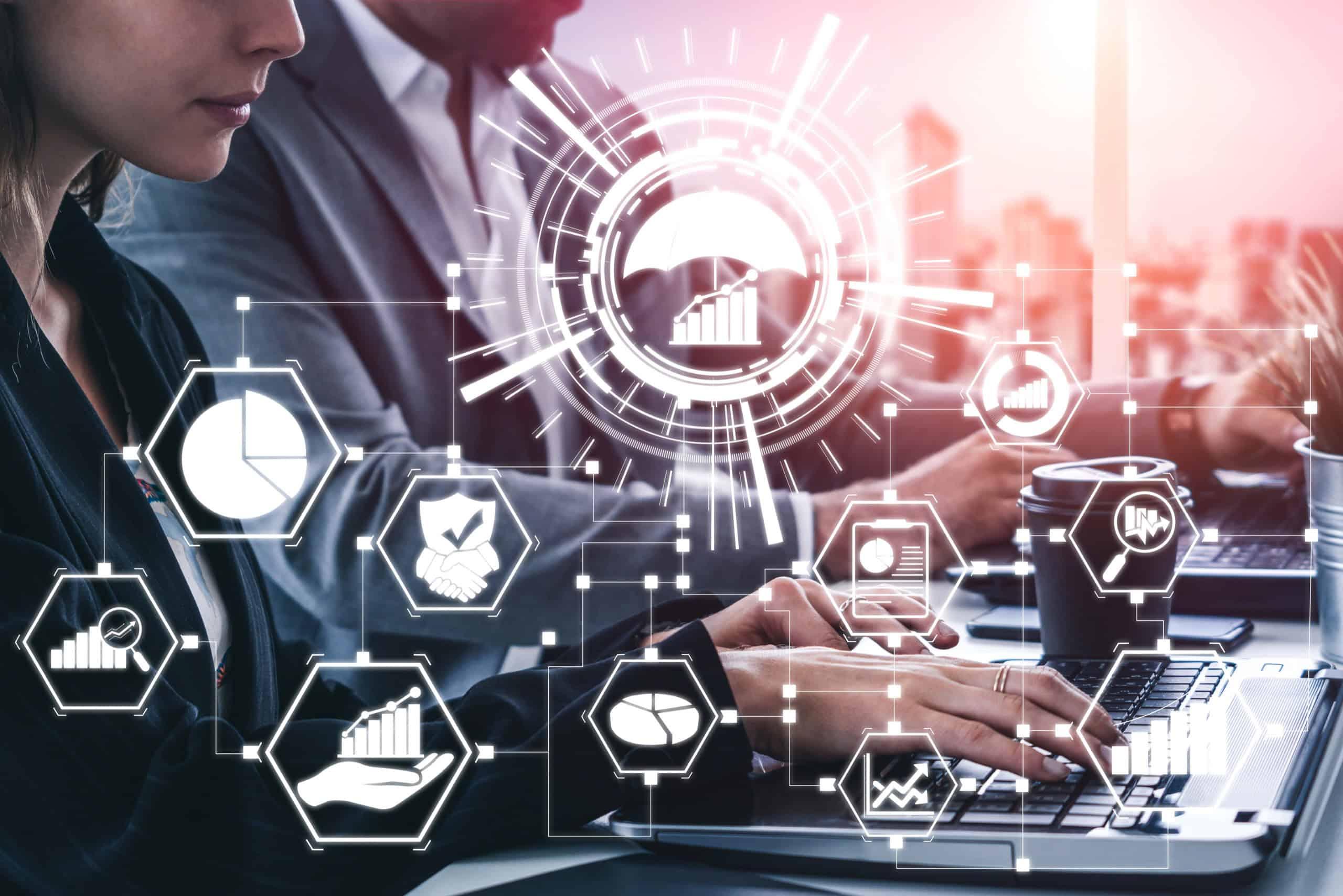 Graphic of digital technology with a focus on asset management, featuring abstract data and connected systems.