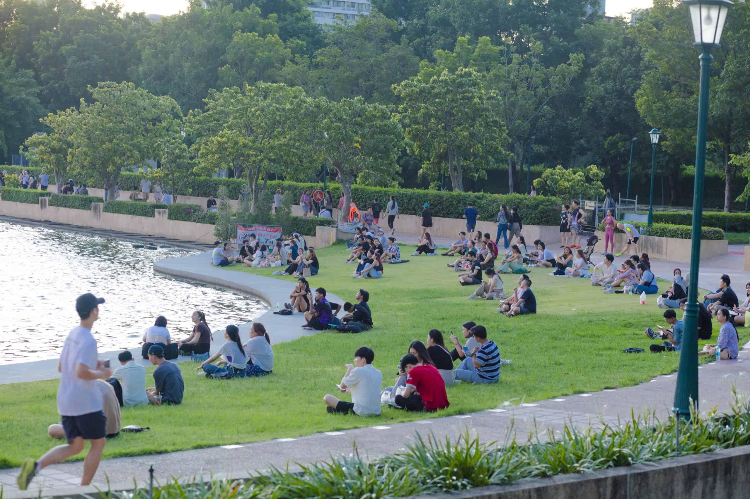 A peaceful park scene with a group of people walking along a pathway, surrounded by trees and green space, representing local government community engagement.