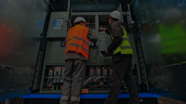 Technicians performing electrical maintenance on industrial switchboard, ensuring compliance with safety and infrastructure standards.